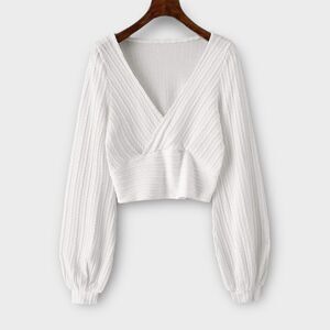 Women's White Ribbed Cropped Long Sleev Top L Ruched Deep V-Neck Puffed Sleeve